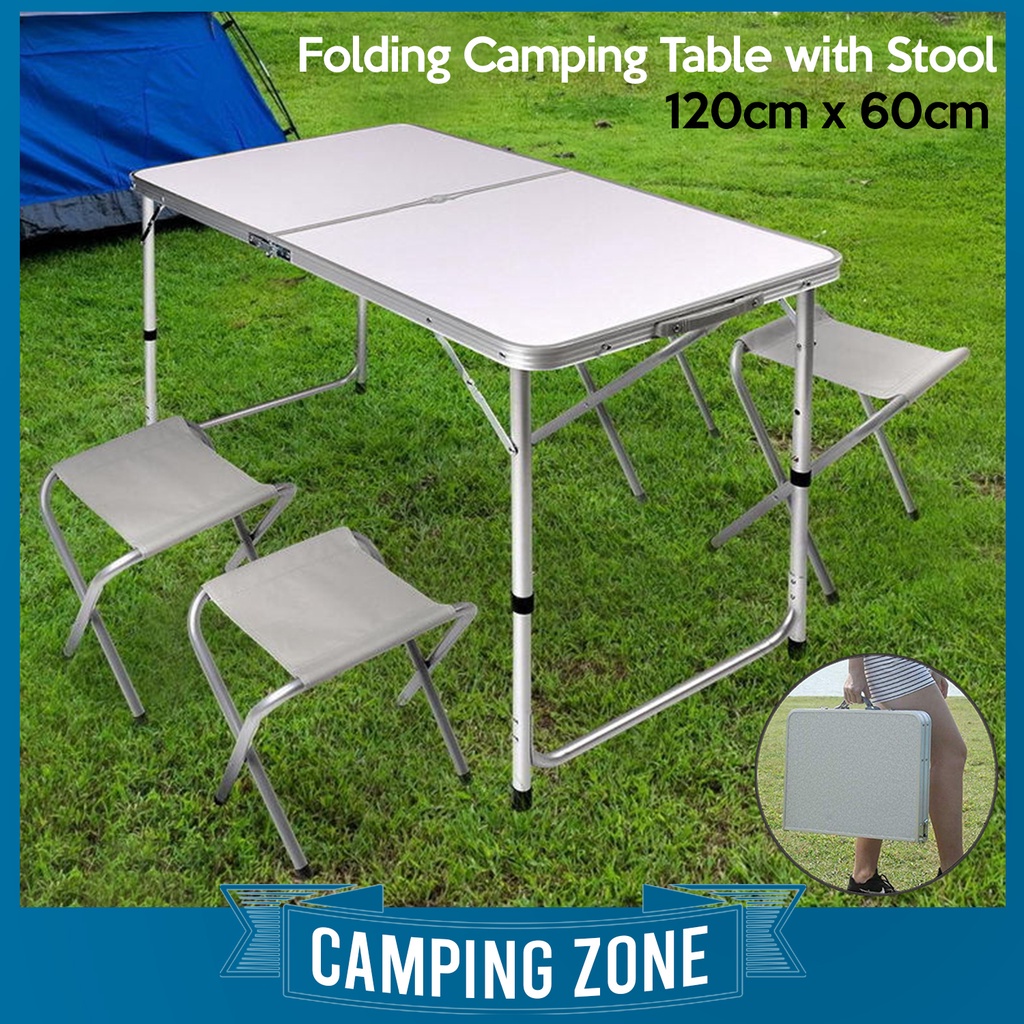 120 x 60cm Aluminum Portable Folding Camping Table 4 Folding Stools