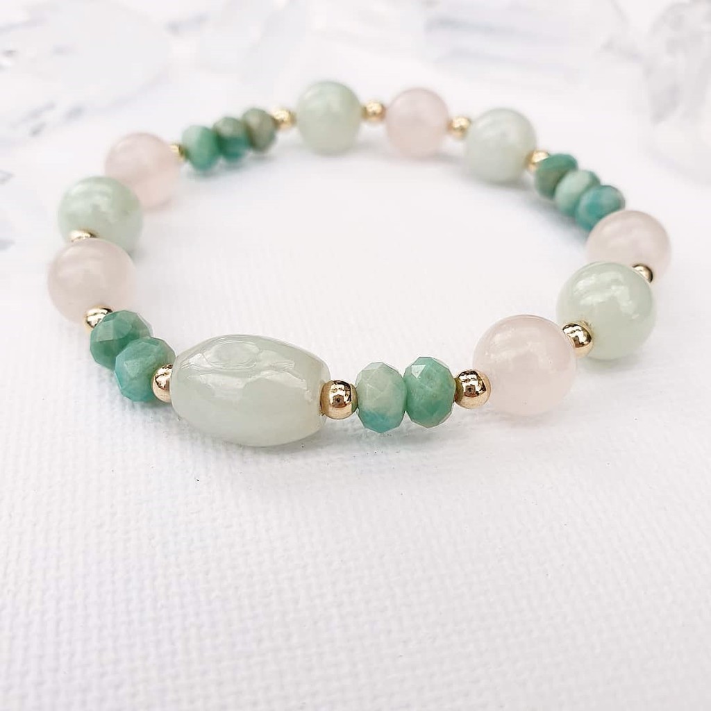 Crystal Gemstone Affirmation Beaded Burmese Jade Rose Quartz Amazonite Gold Filled Suasa Bracelet Shopee Malaysia