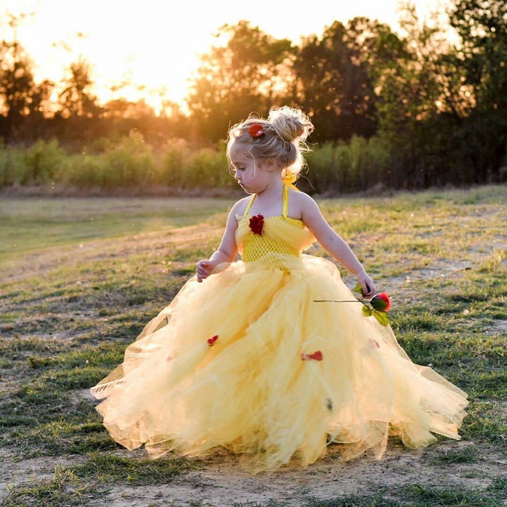 Fancy Girls Yellow Princess Tutu Dress Kids For Kids Girl Sleeping Beauty Belle Beauty And The Beast Cosplay Crochet Tulle Flower Princess Ballet Dresses Ball Gown Children Party Costume Children Birthday Party