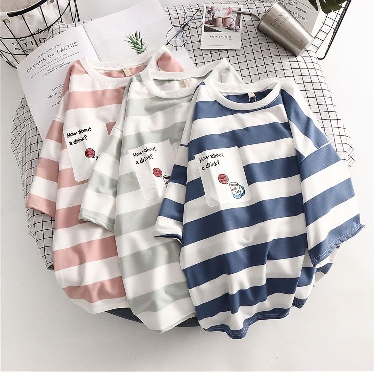 Oversized Tee Summer New Korean Loose Ins Harajuku Style Striped Short-sleeved T-shirt Female Student Bf Half-sleeved Top