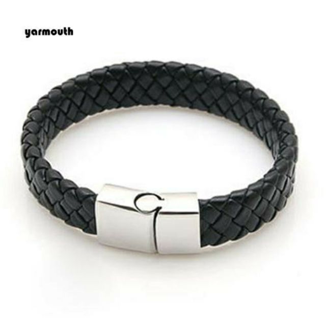 Men Stainless Steel Silver Bracelets Bangle Black Braided Men Stainless Steel Silver Bracelets Bangle Black Braided