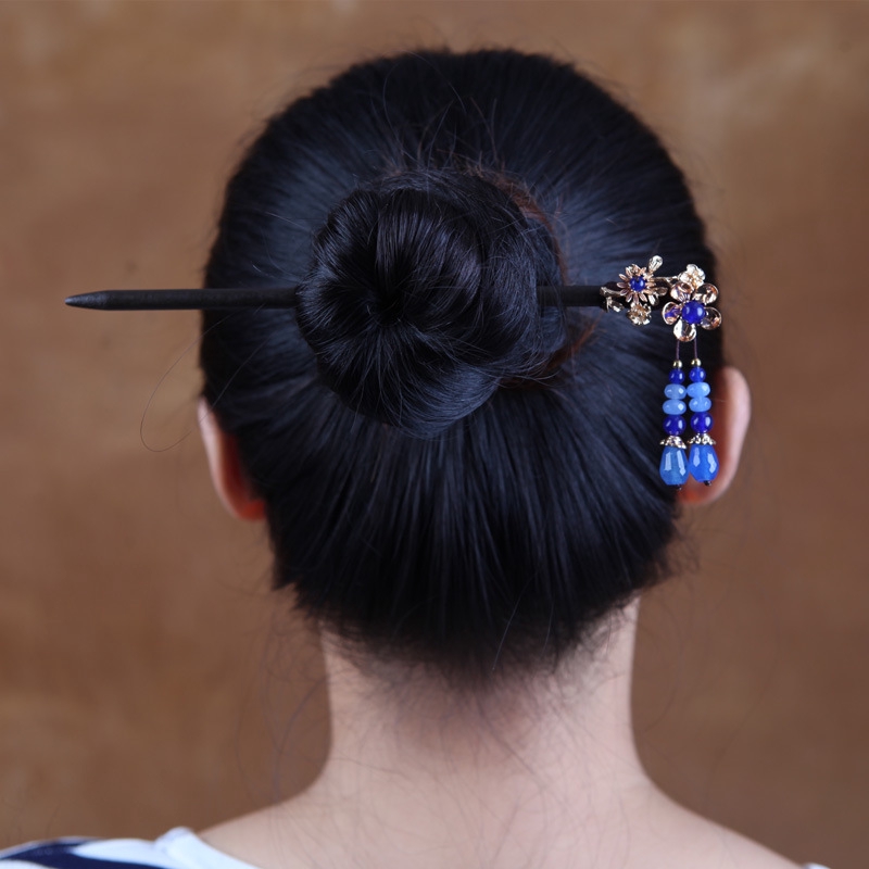 18cm Wooden Hairpins Blue Beads With Tassel Hair Sticks For Buns