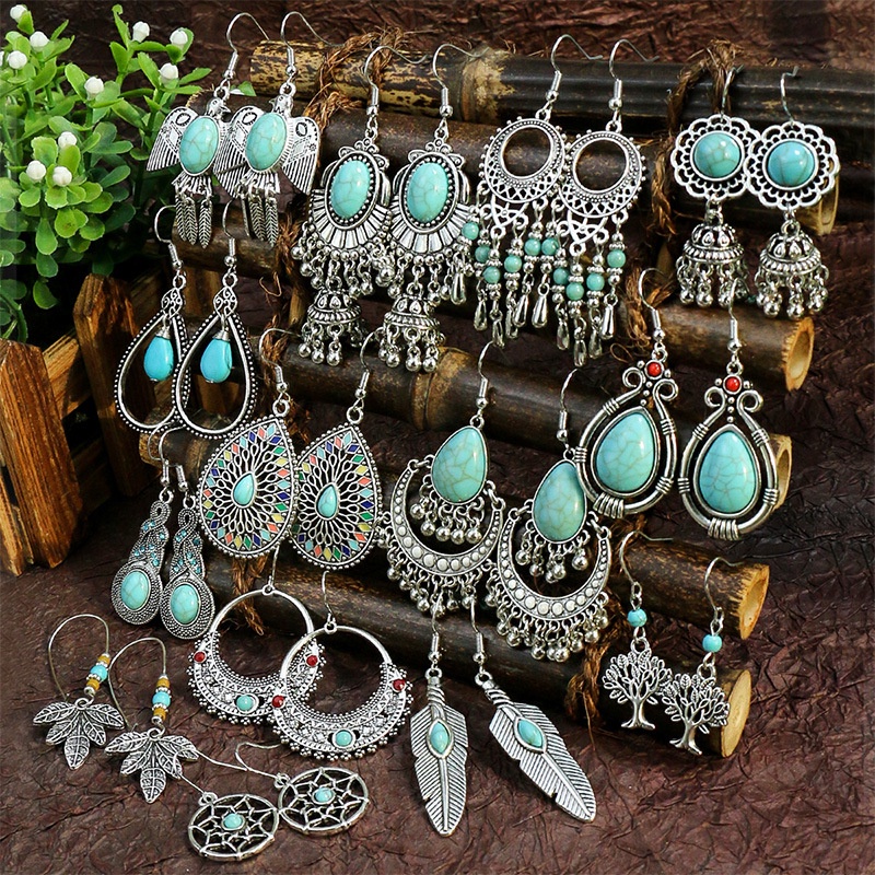 Bohemian Drop-shaped Retro Long Earrings Fashion Ladies Classic Bells Acrylic Turquoise Dangle Earrings for Women