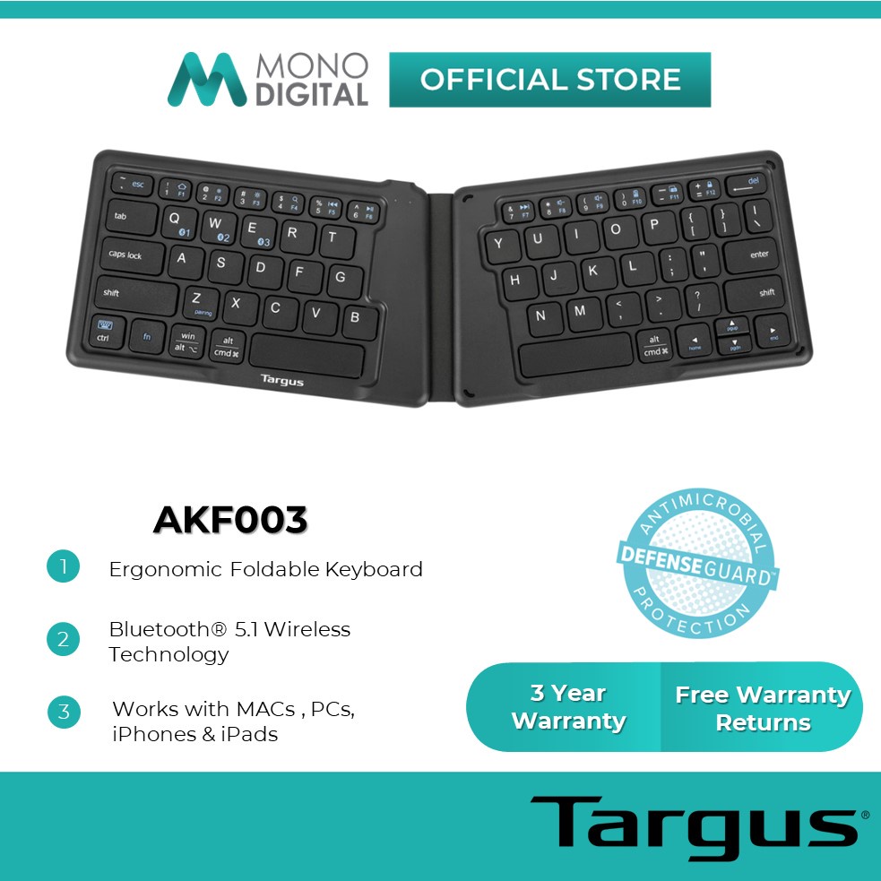 Targus Bluetooth Keyboard AKF003 Ergonomic Foldable Antimicrobial