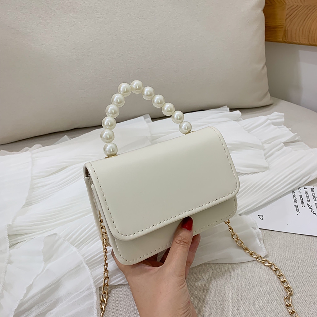 Ready Stock Pearl Portable Wild Chain Sling Bag Pu Impor Mini Square Cove