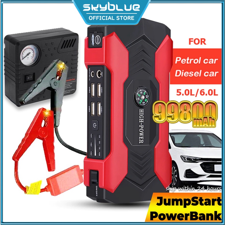 Car Jump Starter Power Bank 99800mAh Car Jumper With Type Pump Powerbank Untuk Jump Start Bateri Kereta Emergency LED