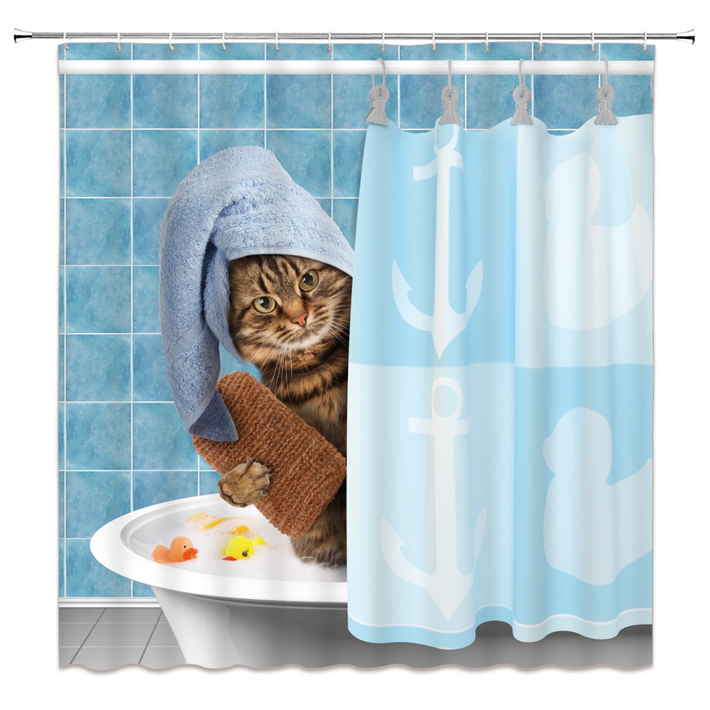Pet Cat Shower Curtain Funny Animal Bathtub Bathing Waterproof