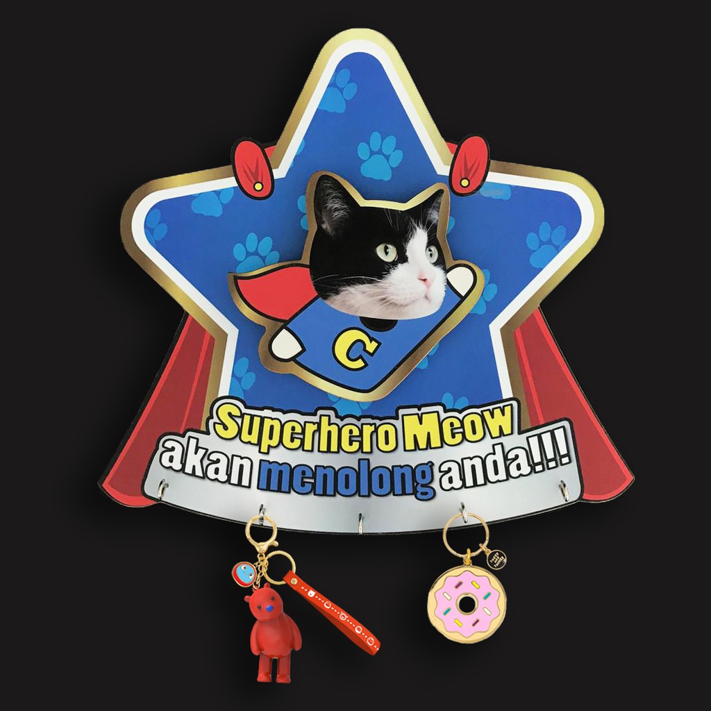 WALL HOOK CAT (SUPERHERO MEOW AKAN MENOLONG ANDA) FOR KEYS WALL | WALL MOUNTED DECOR | 350mm x 300mm x 10mm