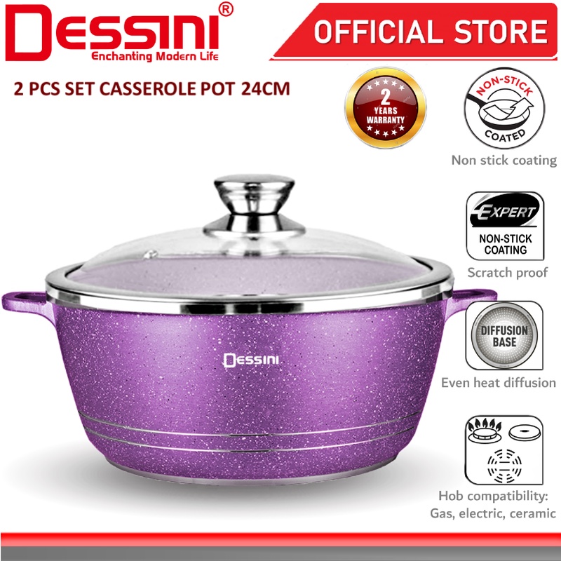 DESSINI ITALY Granite Die Cast Aluminium Non Stick Casserole Pot Bowl Deep Fry Pan Cookware Tool (24cm)