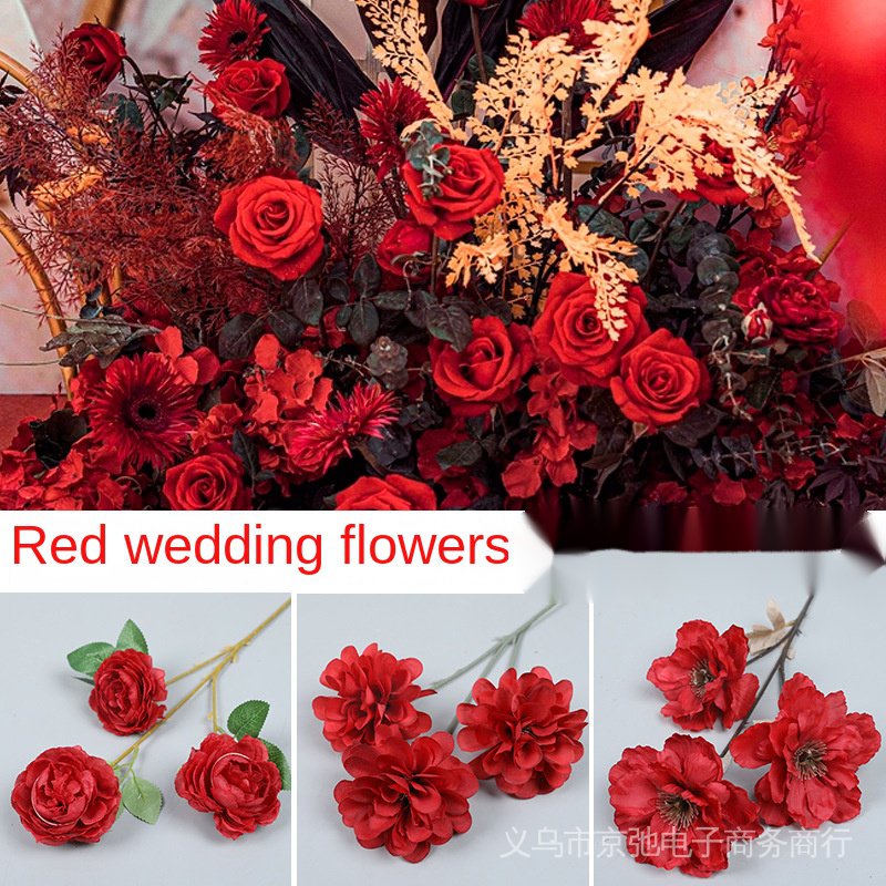 Red Series Artificial Flower Wedding Decoration Rose Stage Background Leaf Green Plant Simulation Hydrangea