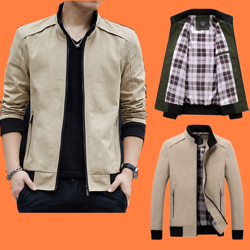 READY STOCK Men's Cotton Bomber Jacket Office Casual Wear Collar Casual Thin Jacket