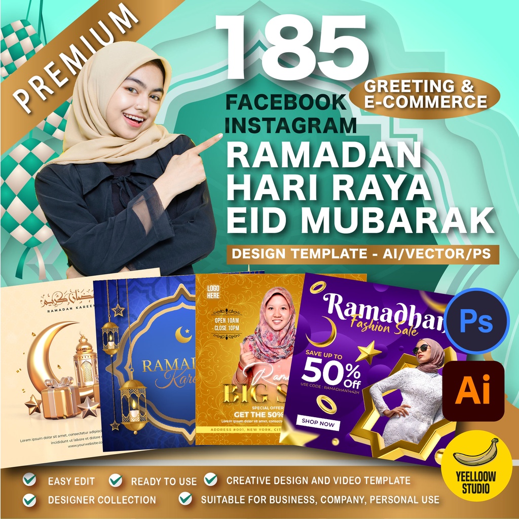 185 Ramadan Raya Eid Mubarak Social Media Facebook Instagram Greeting and Sales post template design-Ai PSD Vector