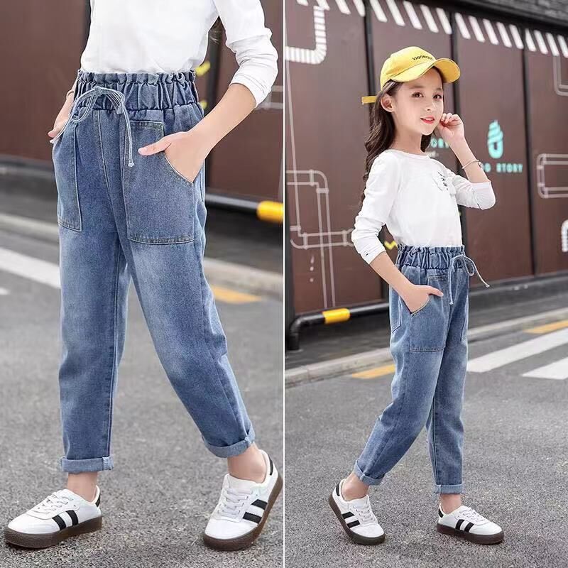 Kids Girls Casual Elastic Waist Jeans Denim Pants 3-12 Years