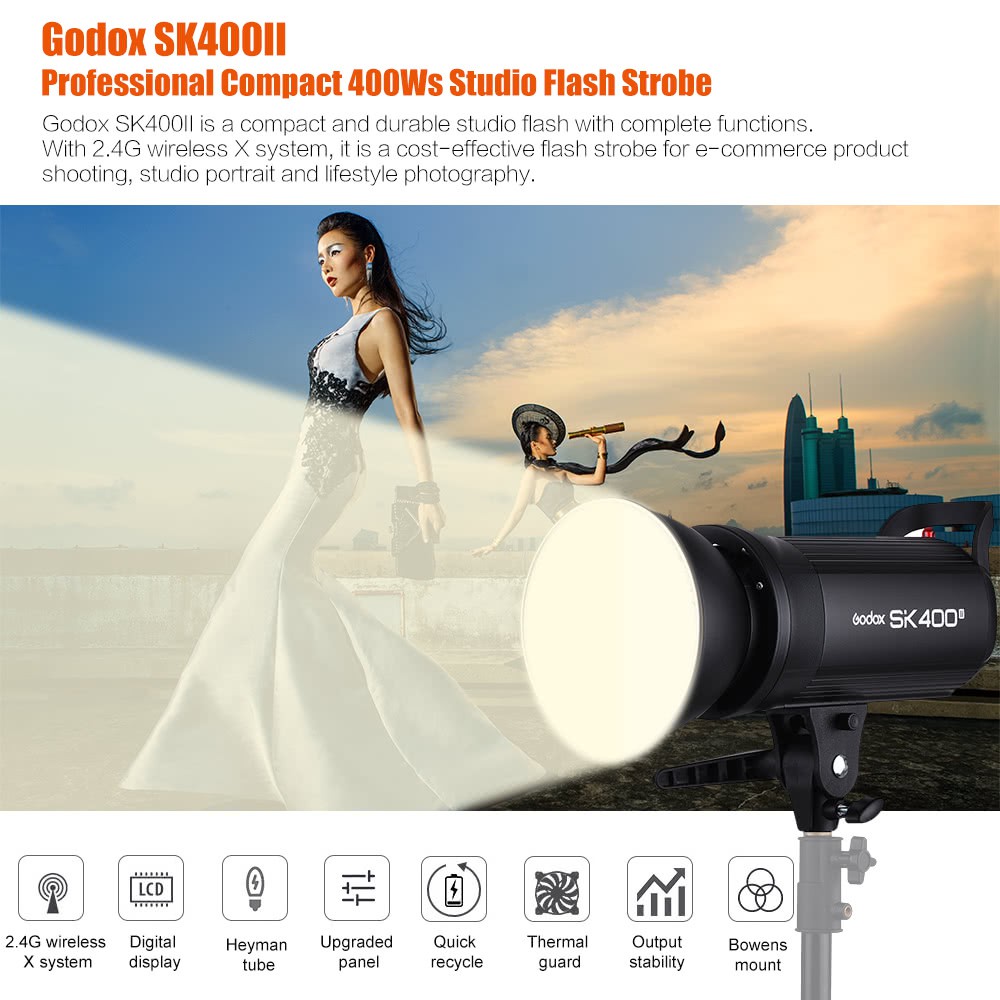 GN65 Godox SK-400II 400Ws Studio Strobe Built-in Godox 2.4G Wireless System 1/16-1/1 40 Steps Output with Lamp Cover and Godox Barn Door Kit 5600K Bowens Mount Monolight 150W Modeling Lamp 