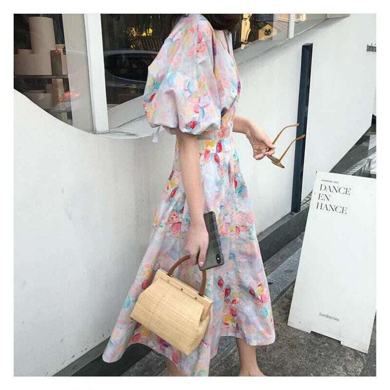 Gaun Bunga Lukisan Minyak Lengan Puff Retro Perancis Dengan Skirt Pinggang Shopee Malaysia