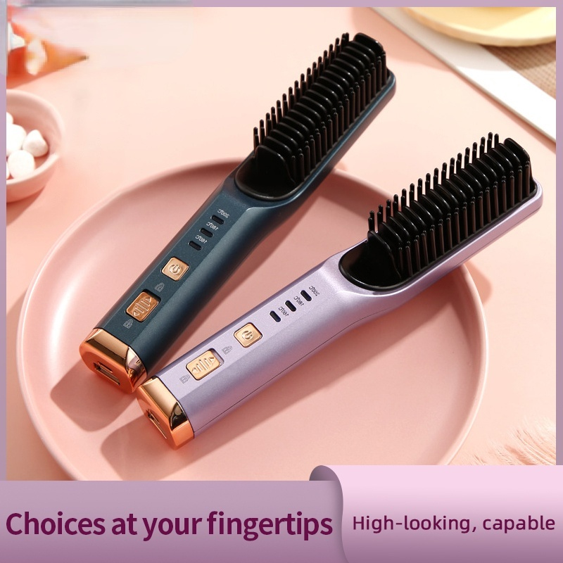 Fast Heating Portable Hair Straightener, Dual Use Straight Curly Hair Comb, Cordless, USB Rechargeable, Anti-scald