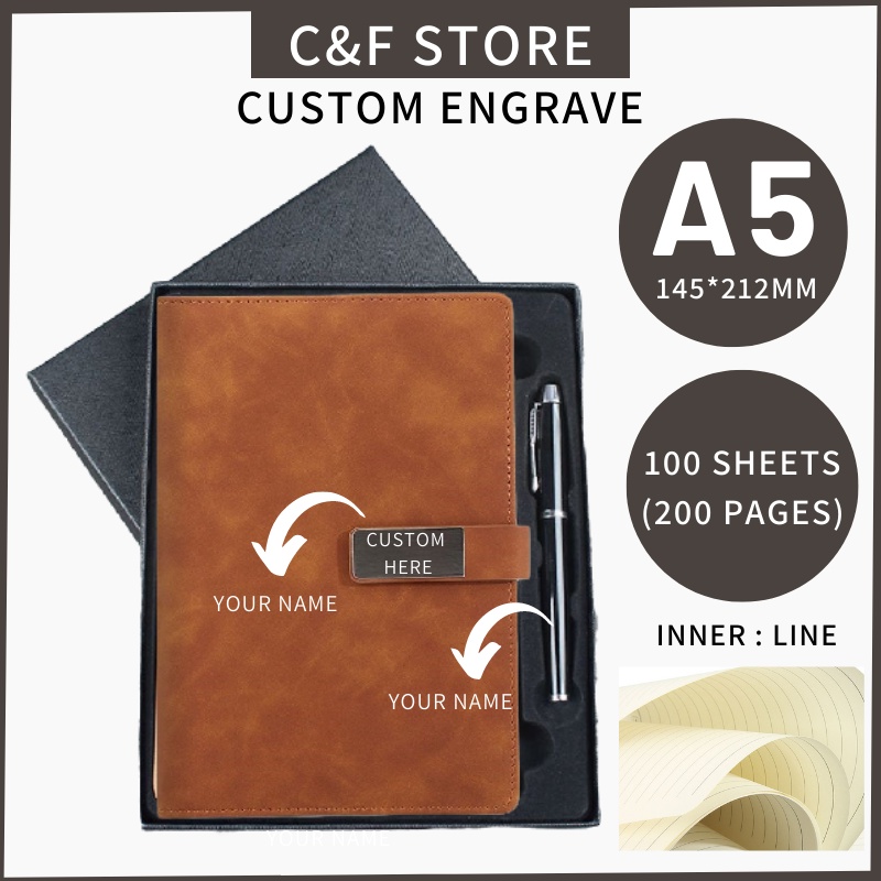 CUSTOM ENGRAVE Notebook A5 Planner Journal Notebook sketch book Buku Nota Ball pen School Office Stationery Gift Hadiah