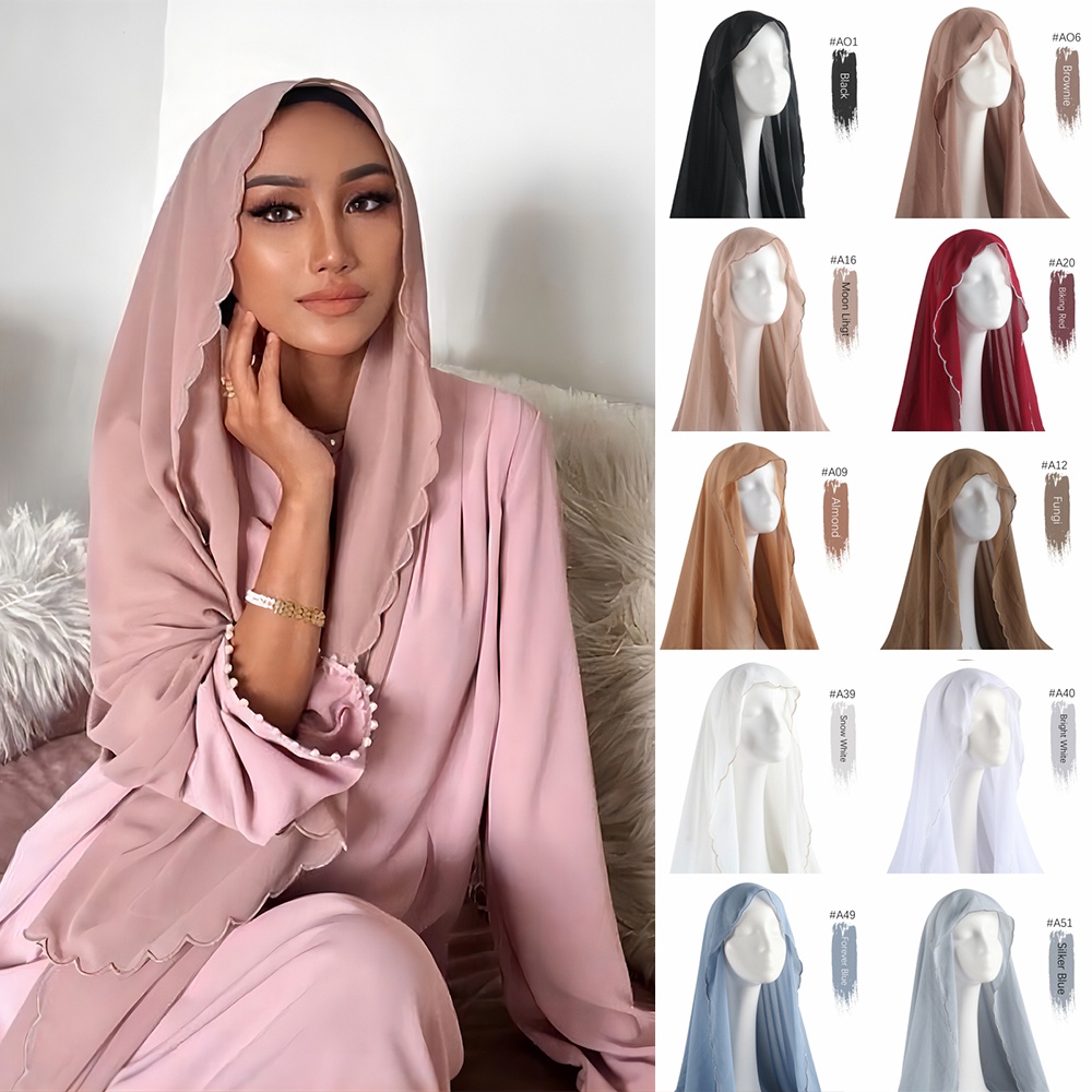 4 Edge Full Embroidery Shawl Sulam Solid Color Pearl Chiffon Embroidered Lace Scarf Muslim Hijab Women Thin All-Match Shawl Tudung