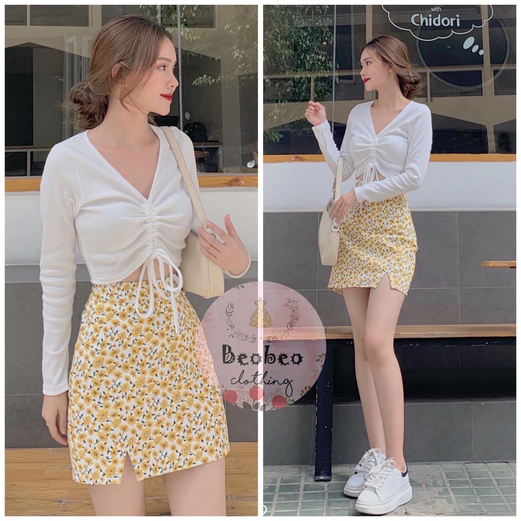 [Real photo] Long-sleeved crop top Set with vintage yellow floral A-line skirt