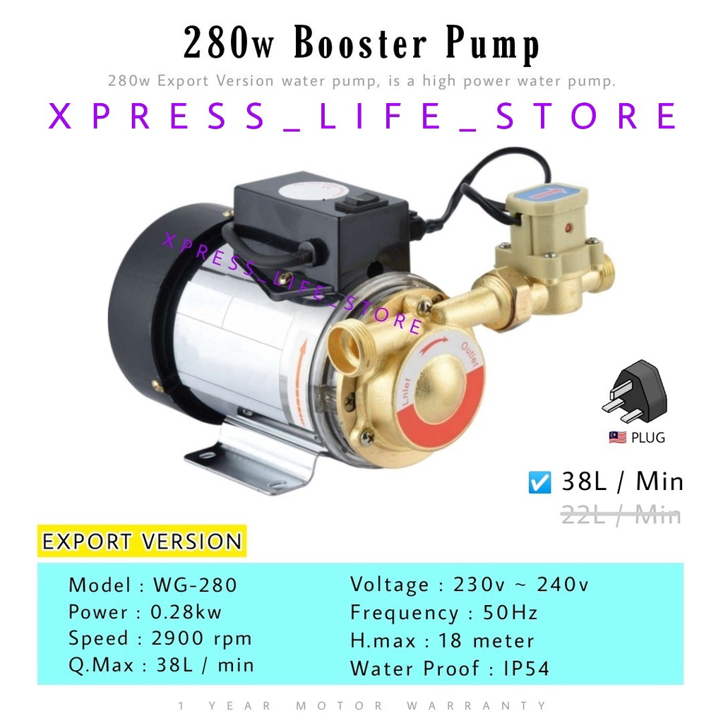 XPL 280w Booster Pump Water Pump Sliver 38L Per Min