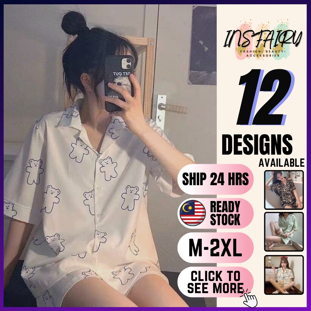 INSFAIRY Patterned Pajamas Sets Comfortable Loose fabric Sleepwear Nightwear Pyjamas Baju Tidur Wanita Loose Pajamas Set Women (M-2XL)
