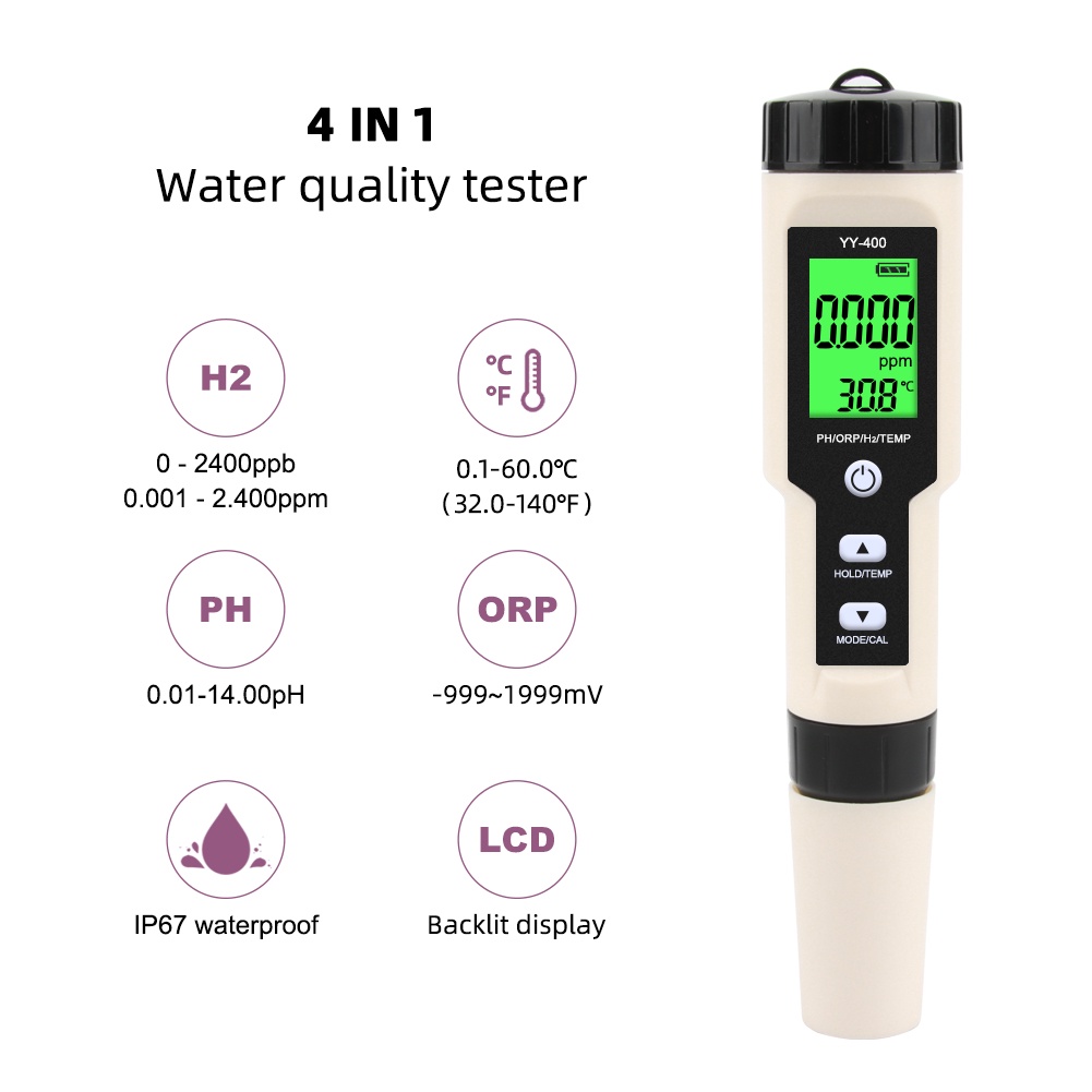 Professional Hydrogen-Rich H2 Meter High Accuracy Hydrogen Meter Tester Water Quality Monitor for Laboratory, Household Water with ATC