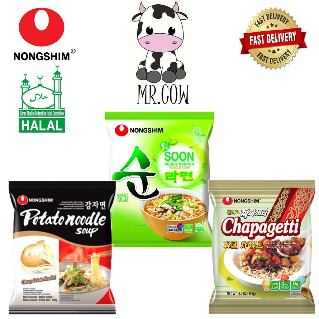 Halal Noodle Korea Single pack (Kimchi Ramen Shin Ramen Soon Ramyun and Potato Noodle Soup)