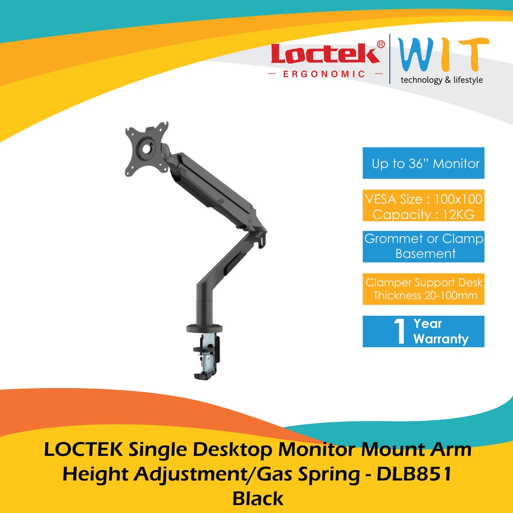 LOCTEK Single Desktop Monitor Mount Arm Height Adjustment/Gas Spring - DLB851  Black/White