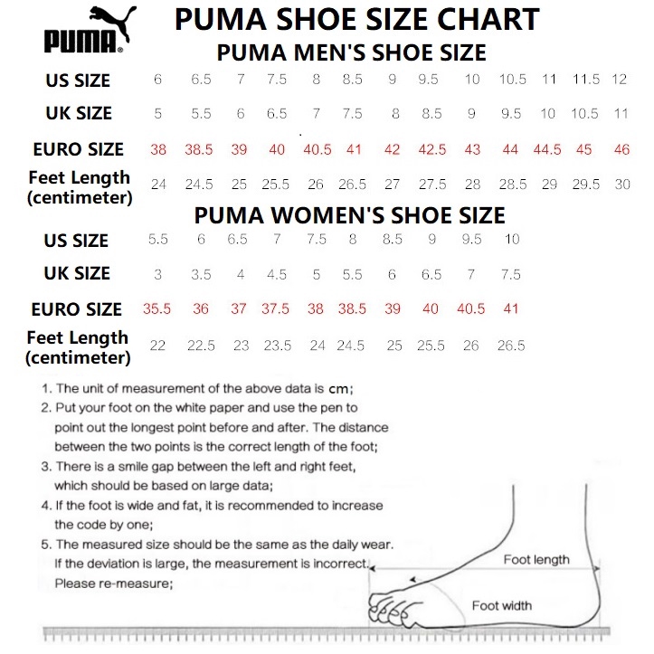 puma shoes chart