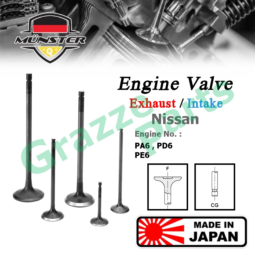 (4pc) Münster Engine Valve EX (47.0mm) / IN (57.5mm) Nissan UD Truck Lorry Bus 10.3 PD6 11.7 PE6 12.5 PF6 (Thick S-Key)