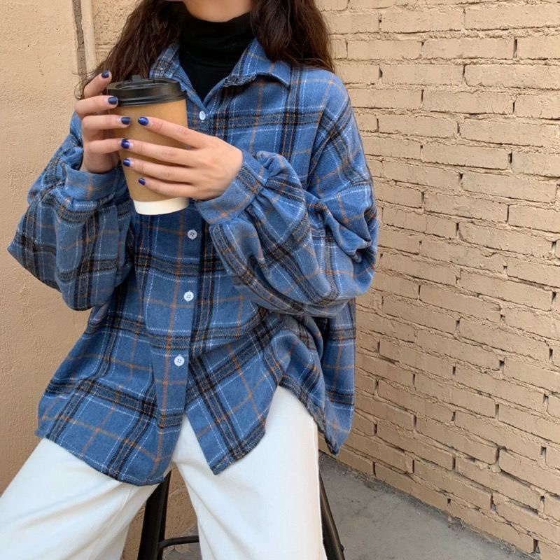 ?Ready Stock?M-3XL Women's Plaid Loose Big Yards Long Sleeve Blouse loose blouse Bat Sleeve women shirt