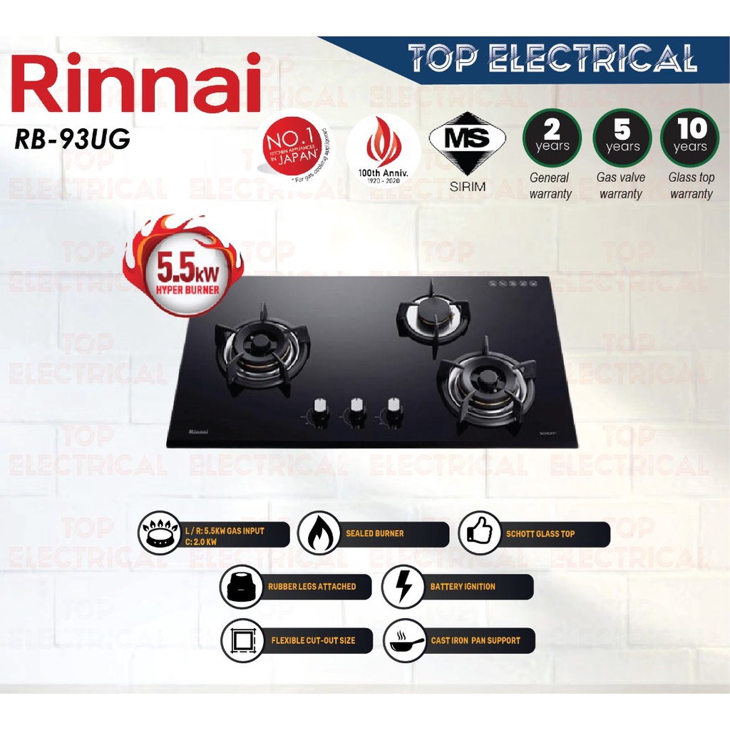 RINNAI 3HYPER BURNER BUILTIN GAS HOB / RB93UG / 3 BURNER GAS STOVE