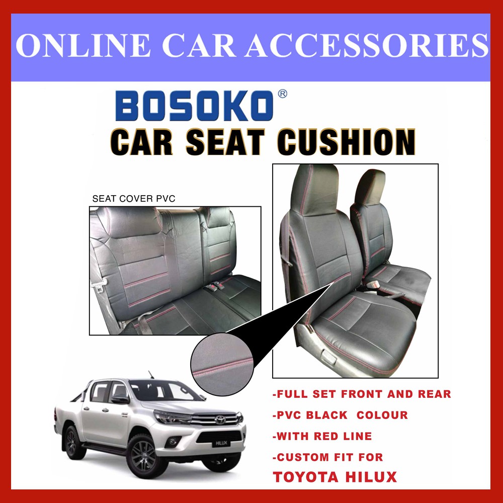 Toyota Hilux - Custom Fit OEM Car Seat Cushion Cover PVC Black Colour Shining With Red Line (Made In Malaysia)