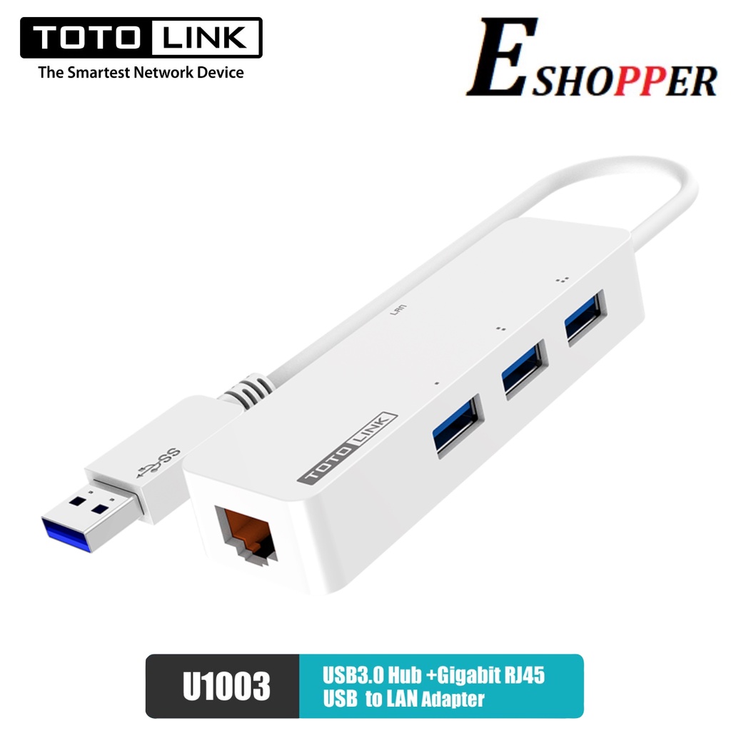 TOTOLINK U1003 3-Port USB 3.0 Hub with RJ45 Gigabit Ethernet Adapter