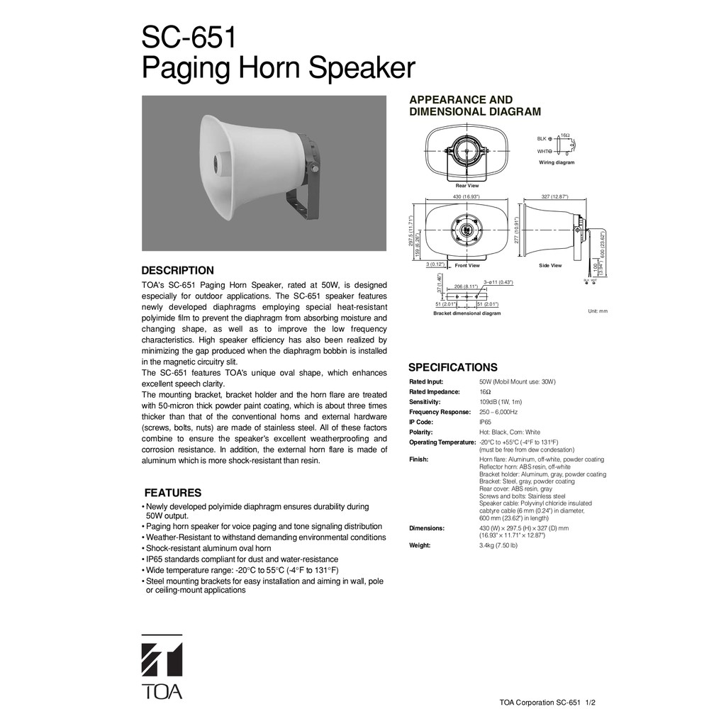 toa horn speaker 50 watt price