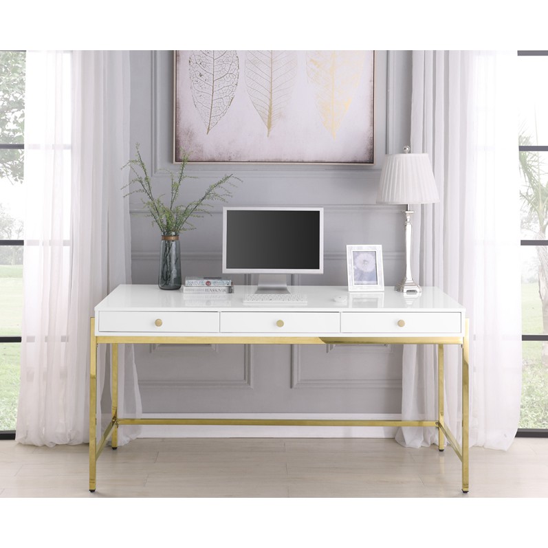 Nordic White Stainless Steel Plated Piano Lacquer Desk Modern