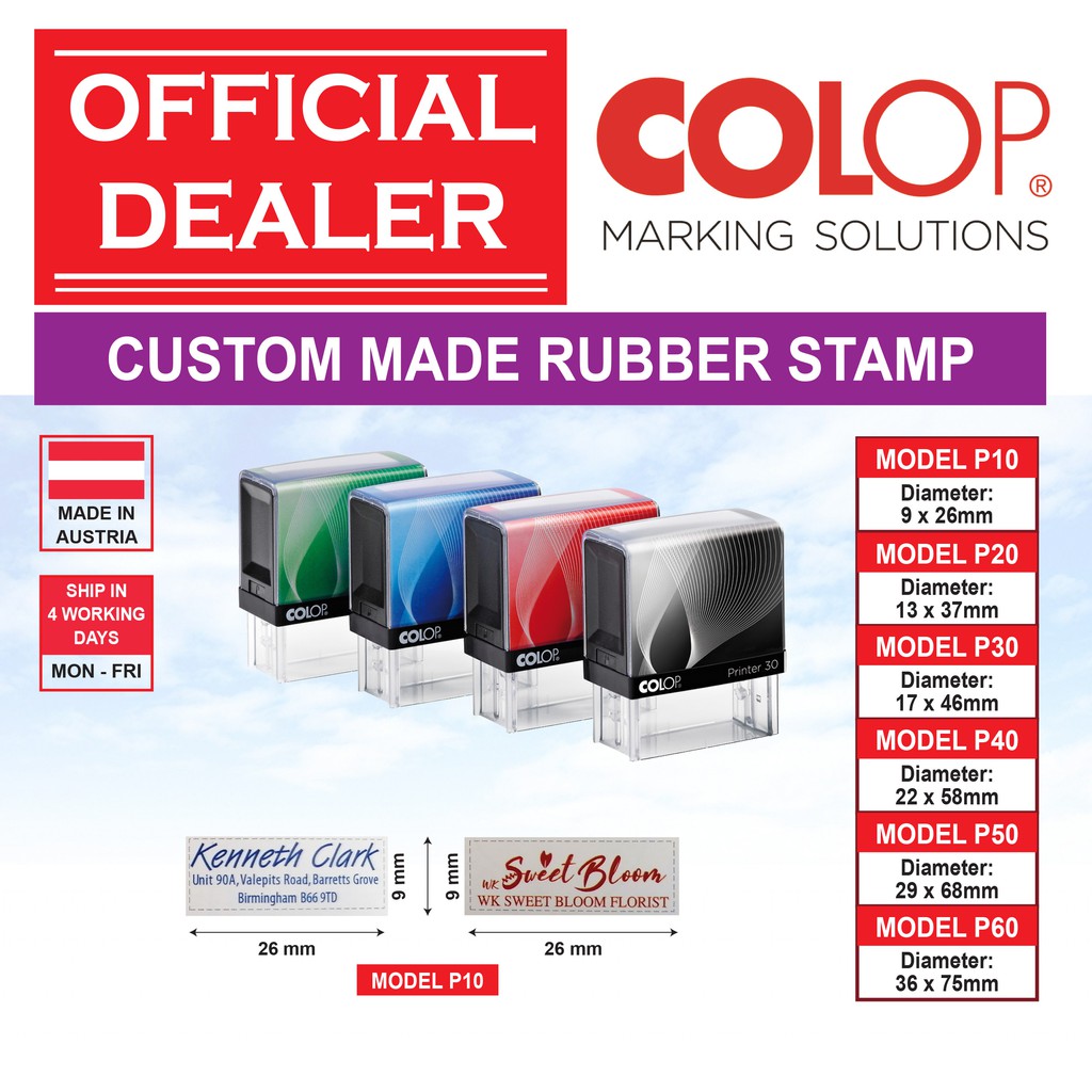 Custom Made Rubber Stamp COLOP Self Inking P10, P20, P30, P40, P50, P60 COP Shopee Malaysia