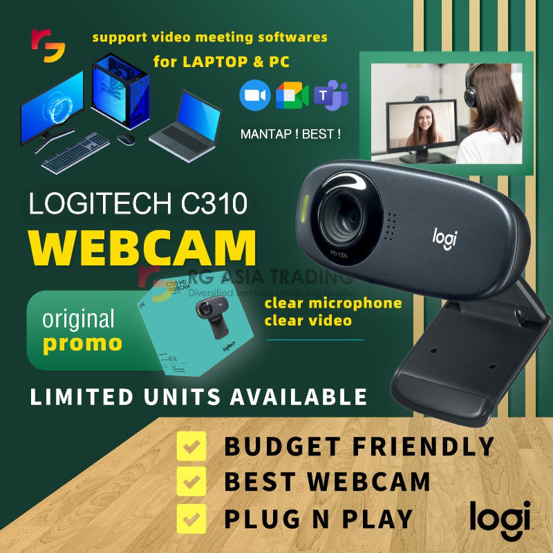 Logitech C310 HD Webcam Video Chat Online Class Zoom Meeting Google Meet Teams Clear Mic Video 720p 30fps Plug Play