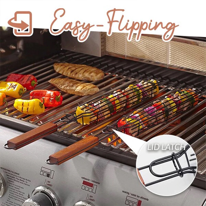 Portable Kabob BBQ Grilling Basket Stainless Steel Nonstick Barbecue Grill Basket Tools Mesh Kitchen Tools Accessories