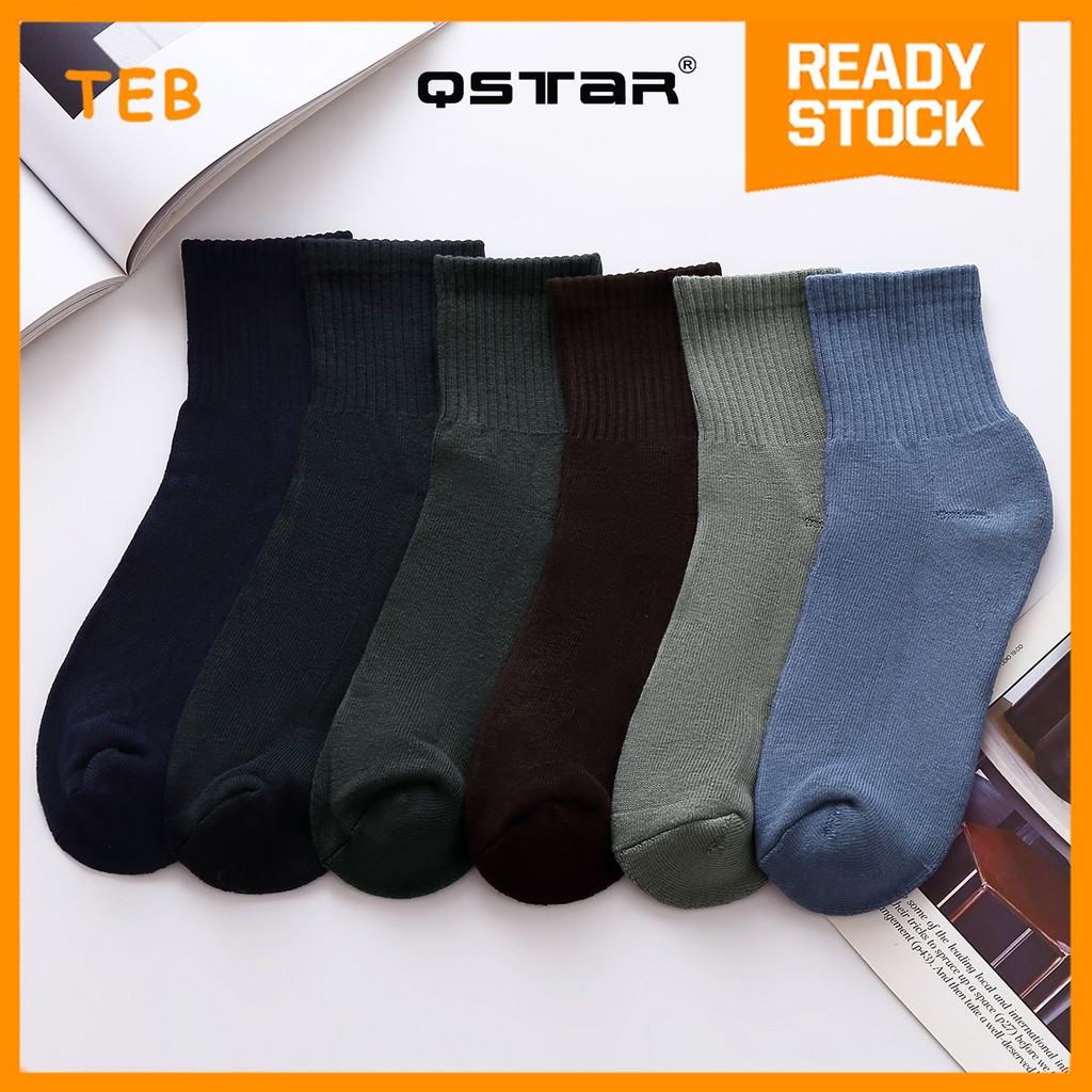 QSTAR Men's Crew Socks Thick Half Terry Dark Color | Stokin Lelaki Sukan Harian Tebal Warna Gelap Panjang & Berkusyen
