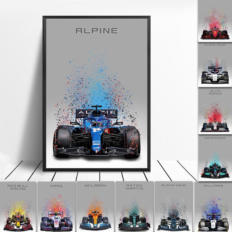 2022 F1 Formula 1 Race Car Poster Wall Art Mclaren Splatter Paint Racing Car Collection Canvas Painting Prints Room Home Decor