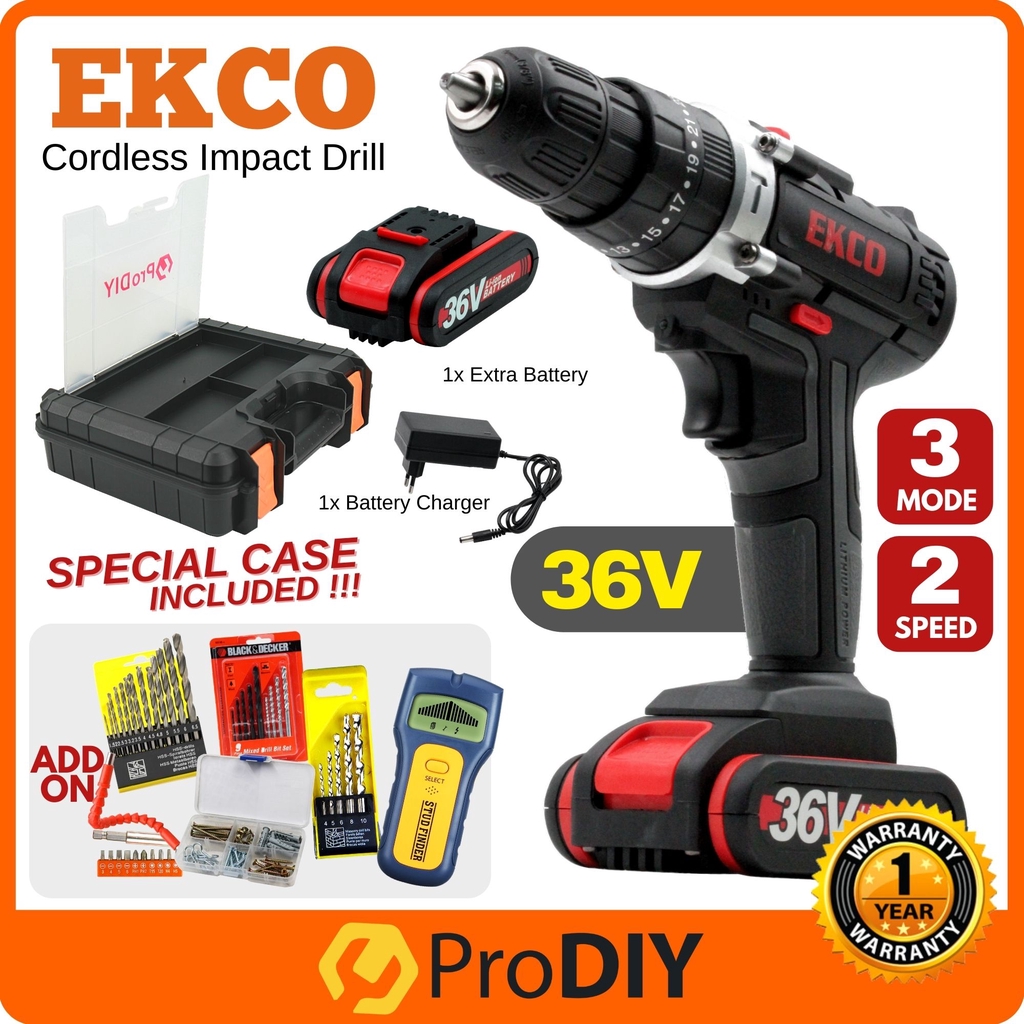 EKCO Cordless Impact Drill Screwdriver With Hammer 36V 3 Mode 2 Speed