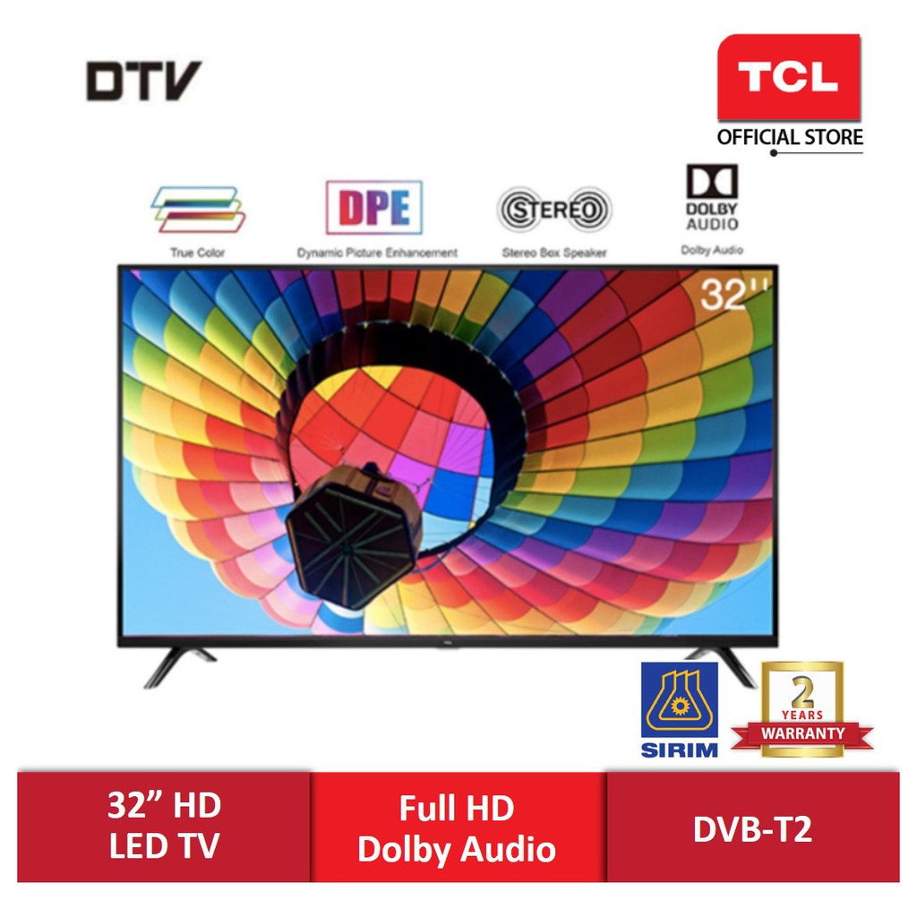 TCL 32" HD LED TV with DVB-T2 32D3000 (Wide Viewing Angle / Dolby Audio ...