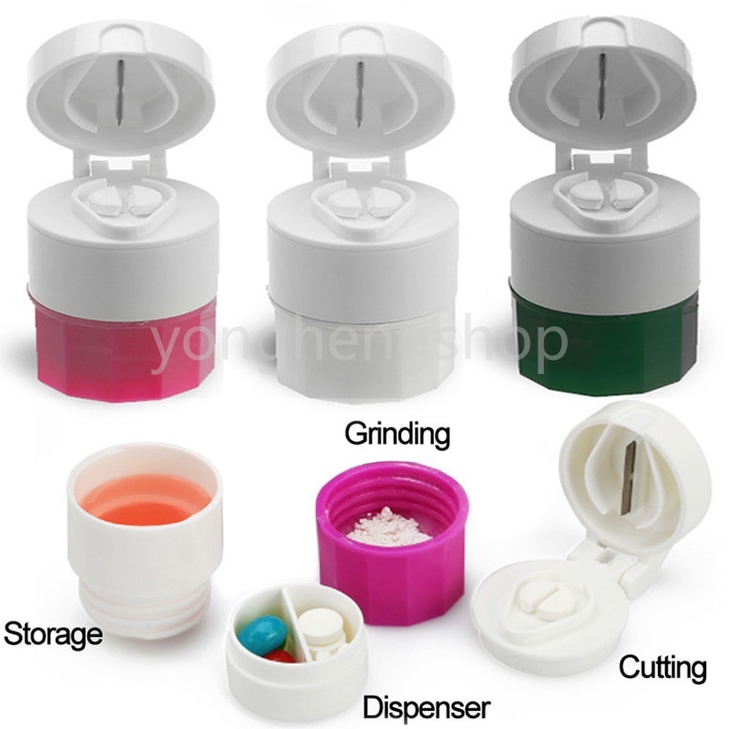 4 In 1 Portable Pill Medicine Crusher Splitter Tablet Divider Cutter Drugs Storage Box Powder Tablet Grinder 4 Layer Travel Pill Box