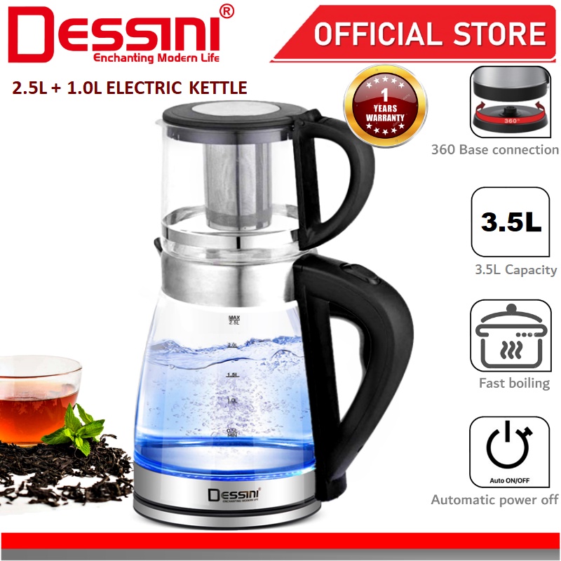 DESSINI ITALY Glass LED Light Electric Kettle Automatic Cut Off Boiler Jug Tea Maker Teapot Cerek (2.5L + 1.0L)