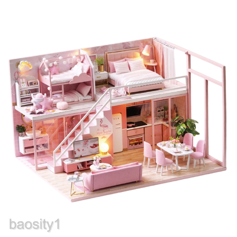 Stocked Wooden 1 24 Scale Dollhouse Miniatures Pink Bedroom Diy Kit Assembly Accs Shopee Malaysia