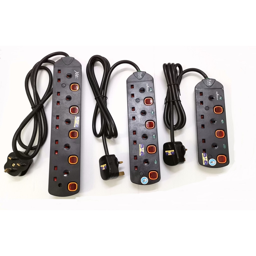 Black Multi Plug  3Way 2M Power Cable Shine Gang Extension Trailing Lead