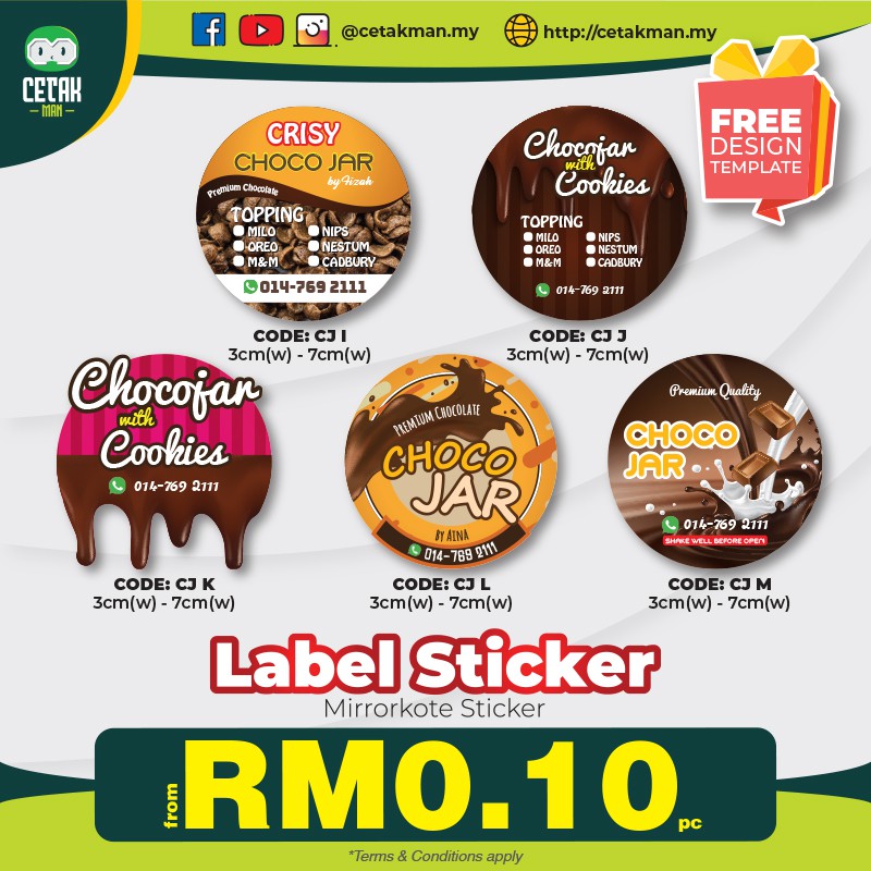 Choco Jar Label Sticker Product Option 2 Free Design Template Label 3cm 4cm 5cm 6cm 7cm 亮面贴纸 食物贴纸 Shopee Malaysia