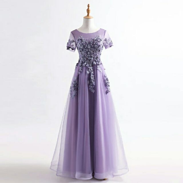 Pastel Lavender Short Sleeve Floral Purple Wedding Dinner Maxi