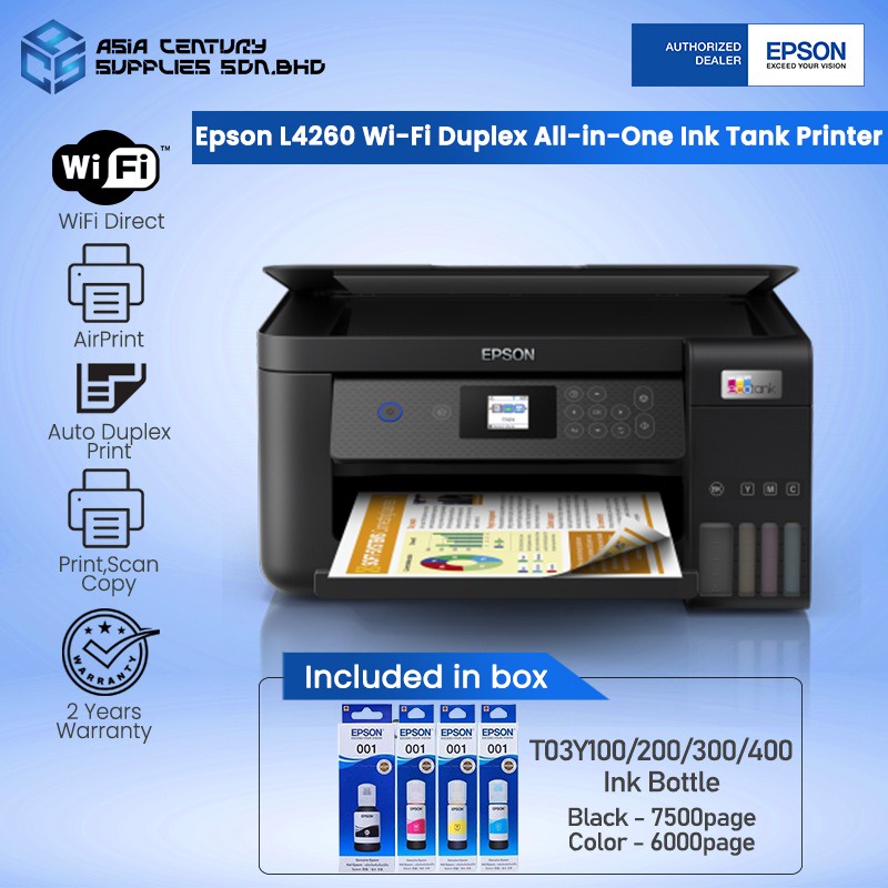 Free T Epson L4260 Aio Inkjet Printer Duplex Print Scan Copy Wireless Epson 001 Ink 0560